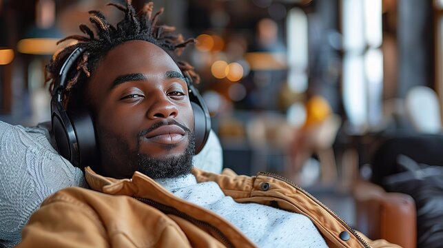  image of relaxed black man with headphones - Generative AI