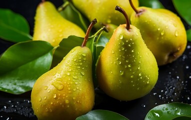 Ripe yellow pears with water drops on a black background