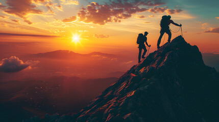 Fototapeta premium A man and a woman climb a mountain with a beautiful sunset in the background.