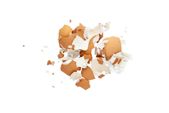 Pile of broken eggshell isolated flat lay