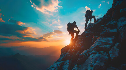 A man and a woman climb a mountain with a beautiful sunset in the background. - obrazy, fototapety, plakaty