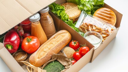 Food items in cardboard box , isolated , white background