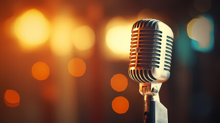 Podcasting concept, microphone on blurred background - obrazy, fototapety, plakaty