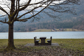 Asientos de madera con mesa junto a un lago y un árbol sin hojas en un ambiente otoñal