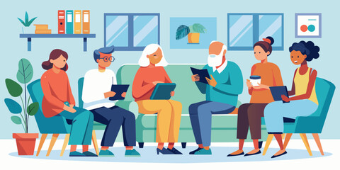 Waiting Room Moments: Vector Illustration of Patients Reading, Using Tablets, and Talking