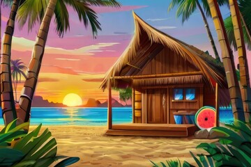 Tiki bar and surfboard on sea sand beach with palm trees on sunset. Cartoon sunrise summer ocean shore landscape with bamboo bungalow with thatch roof. Hawaiian cafe with cocktails and fruit drinks. 