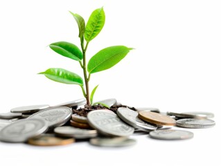 Young Plant on Coins Against White, Growth Concept