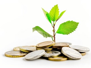 Green Plant on Pile of Coins with White Backdrop