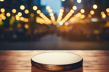 Circular Wooden Table with Blurry Pub or Bar Background and Bokeh Lights - Cozy Atmosphere