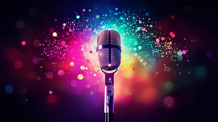 Podcasting concept, microphone on blurred background