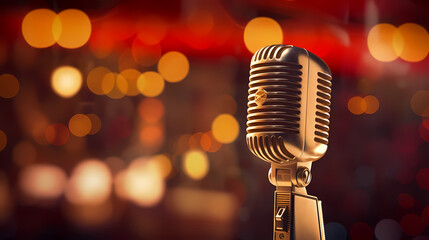 Podcasting concept, microphone on blurred background