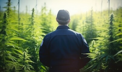 a policeman is standing in a marijuana field. suitable for your plant crime design - obrazy, fototapety, plakaty