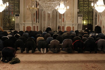 Muslims praying together in the mosque. tarawih or friday prayer
