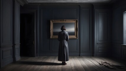 A deeply affecting image of a woman in a moment of despair, her figure framed against the starkness of an empty, echoing room, generative AI