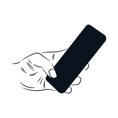 Hand holding a cell phone line drawing sketch vector hand drawn illustration