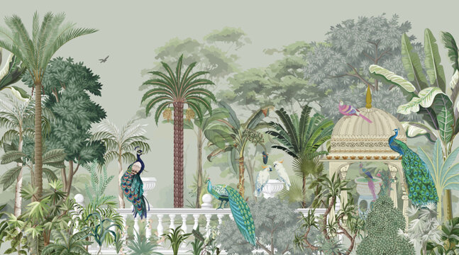Traditional Mughal garden illustration pattern for wallpaper, peacock, Bird, Watercolor Background. 