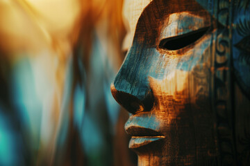 Artistic wooden mask with soft lighting and blurred backdrop - obrazy, fototapety, plakaty