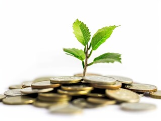 Sapling Growing Amidst Coins Isolated on White