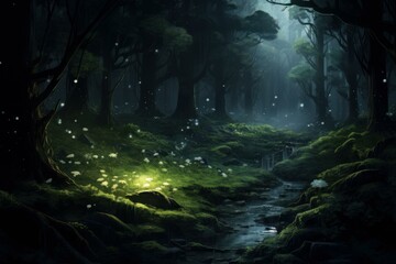 Tranquil Night forest jungle. Wood creepy. Generate Ai