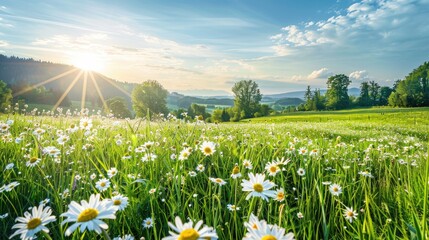 Beautiful spring and summer natural panoramic pastoral landscape with blooming field of daisies in the grass in the hilly countryside. - obrazy, fototapety, plakaty