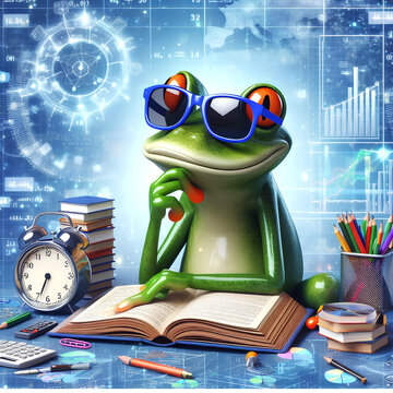 3d illustration of  frog smile with sunglasses, reading book and solving math data analytics in concept of future mathematics artificial intelligence technology background - Generative AI
