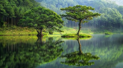 pang ung , reflection of pine tree in a lake , meahongson , Thailand - obrazy, fototapety, plakaty