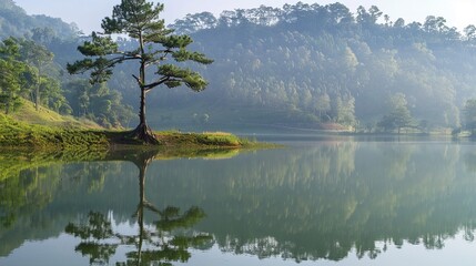 pang ung , reflection of pine tree in a lake , meahongson , Thailand - obrazy, fototapety, plakaty