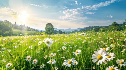 Beautiful spring and summer natural panoramic pastoral landscape with blooming field of daisies in the grass in the hilly countryside.