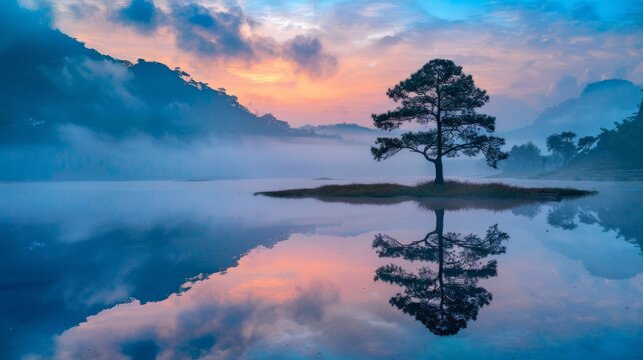 pang ung , reflection of pine tree in a lake , meahongson , Thailand