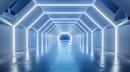 Blue white background, 3D room, light, abstract space technology, tunnel stage floor Futuristic...