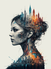 Urbane Reflexion - Ein Porträt, das die Silhouette einer Frau mit der Skyline einer modernen Stadt verschmilzt, reflektiert die Verbindung zwischen Mensch und urbanem Umfeld. - obrazy, fototapety, plakaty