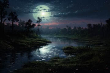 Naklejka premium Moonlit Night landscape river. Evening coast. Generate Ai