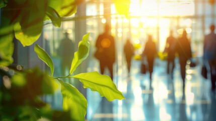 Blurred background of people walking in a modern office building with green trees and sunlight , eco friendly and ecological responsible business concept image with copy space