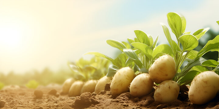  There is a potatoes field with corn stalks in the middle, Vegetarian food Harvest farming potato at green field earth ,Fresh organic potato plant in the field Natural Farm Background
