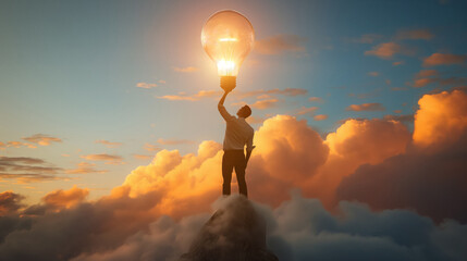 Man holds a lightbulb aloft in clouds.