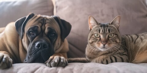 A cute cat and a big dog sit next to each other. Looking at the camera on the sofa at home - obrazy, fototapety, plakaty