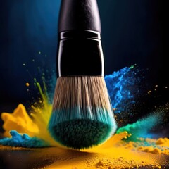 Makeup brush with a burst of colorful powder, aesthetic and cosmetic skincare - obrazy, fototapety, plakaty
