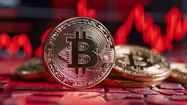 Bitcoin with red chart down. Crypto and Bitcoin cryptocurrency stock trading background concept. Golden bitcoin over many international money coins with abstract trading red market data chart 4k
