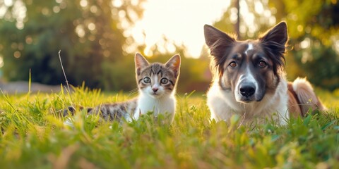 Cute little cat and Big dog sitting on the green grass Looking at the camera on a sunny morning