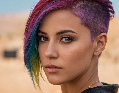 Portrait of a girl with a bob haircut and multi-colored rainbow hair, lgbt, fashionable haircut, bright personality, futuristic design