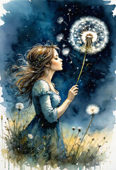 Sternenhimmelwünsche - Eine Frau bläst an einem Löwenzahn vor einem nächtlichen Himmel, wodurch ein Moment der Hoffnung und des Wunderns entsteht. - obrazy, fototapety, plakaty