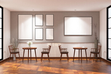 Scandinavian cafe with chairs, tables & frame mock up on the wall. Design 3d rendering of gray and light wood. Design print for illustration, presentation, mock up, interior, zoom, background. Set 1