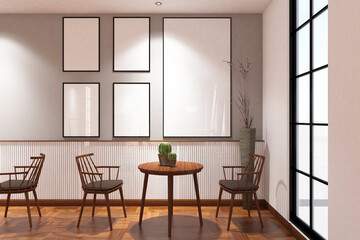 Scandinavian cafe with chairs, tables & frame mock up on the wall. Design 3d rendering of gray and light wood. Design print for illustration, presentation, mock up, interior, zoom, background. Set 2