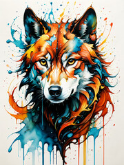 Farbenreichtum des Instinkts - Ein intensives Porträt eines Wolfes, eingefangen in einem Kaleidoskop aus Farben, das seine wilde Seele und tiefe Instinkte darstellt. - obrazy, fototapety, plakaty