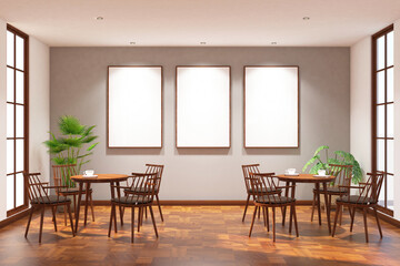 Scandinavian cafe with chairs, tables & frame mock up on the wall. Design 3d rendering of gray and light wood. Design print for illustration, presentation, mock up, interior, zoom, background. Set 5