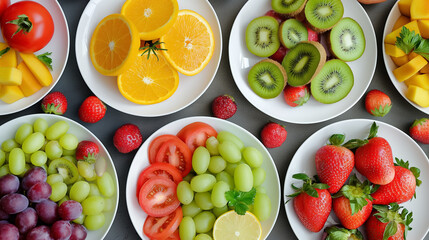 Assorted colorful fruits on plates.