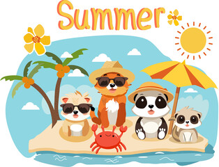 Cute animals with summer vacation on the beach.