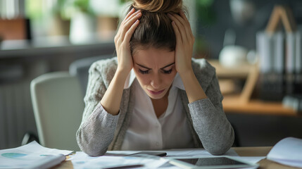 Stressed woman with papers at desk.