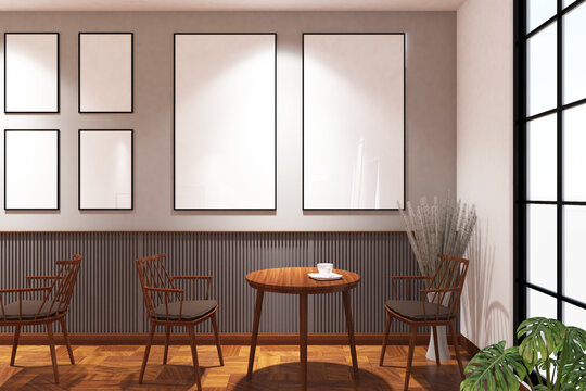 Scandinavian cafe with chairs, tables & frame mock up on the wall. Design 3d rendering of gray and light wood. Design print for illustration, presentation, mock up, interior, zoom, background. Set 3