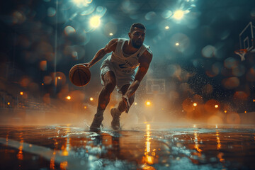 Handsome basketball player with a ball in action on floodlight professional basketball court 